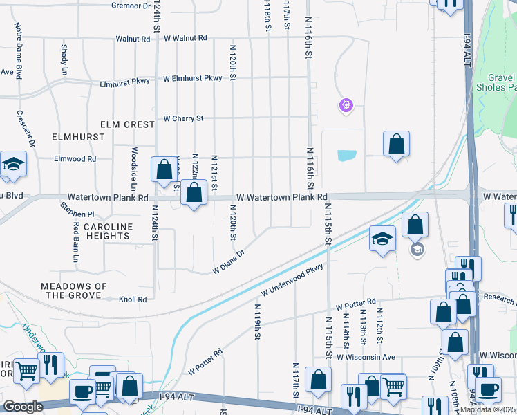 map of restaurants, bars, coffee shops, grocery stores, and more near 11829 West Watertown Plank Road in Wauwatosa