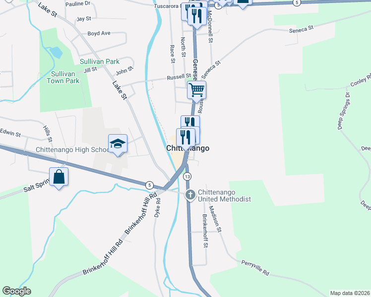 map of restaurants, bars, coffee shops, grocery stores, and more near 225 Genesee Street in Chittenango