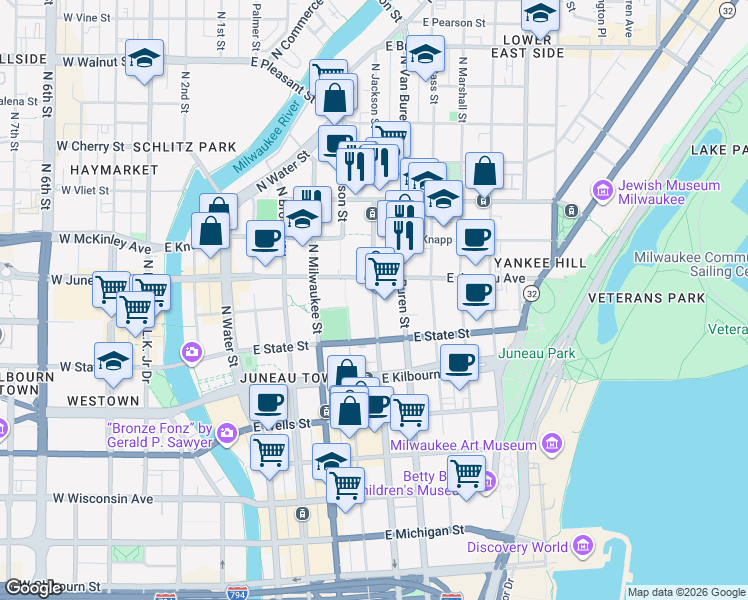 map of restaurants, bars, coffee shops, grocery stores, and more near 1029 North Jackson Street in Milwaukee