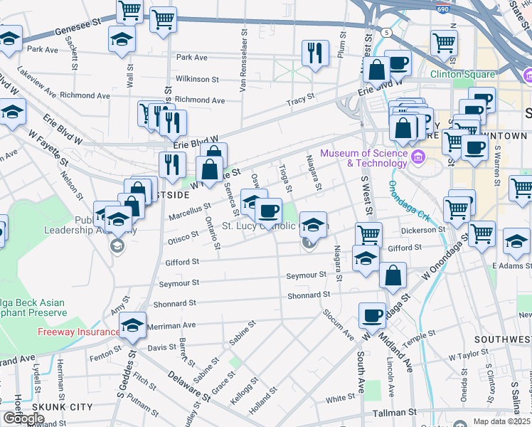 map of restaurants, bars, coffee shops, grocery stores, and more near 312 Oswego Street in Syracuse