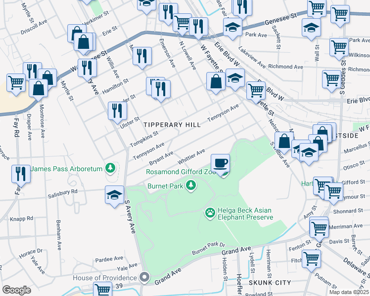 map of restaurants, bars, coffee shops, grocery stores, and more near 205-07 Burnet Park Drive in Syracuse