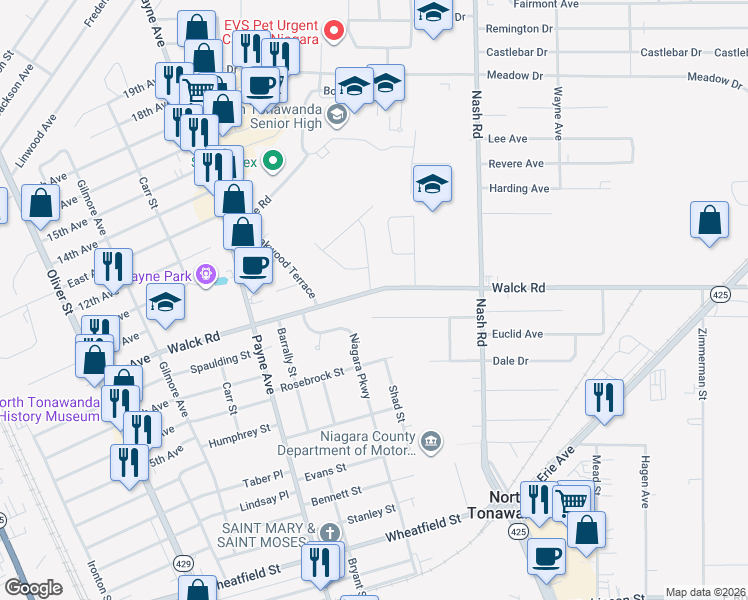 map of restaurants, bars, coffee shops, grocery stores, and more near 434 Walck Road in North Tonawanda