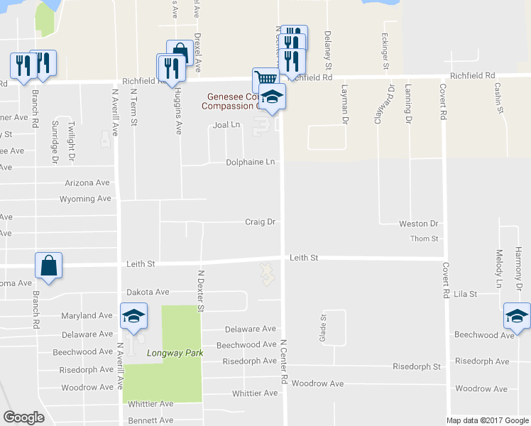 map of restaurants, bars, coffee shops, grocery stores, and more near 3825 Craig Drive in Flint