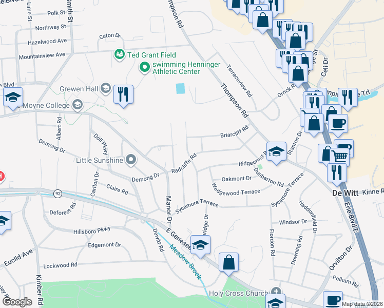 map of restaurants, bars, coffee shops, grocery stores, and more near 305 Radcliffe Road in Syracuse