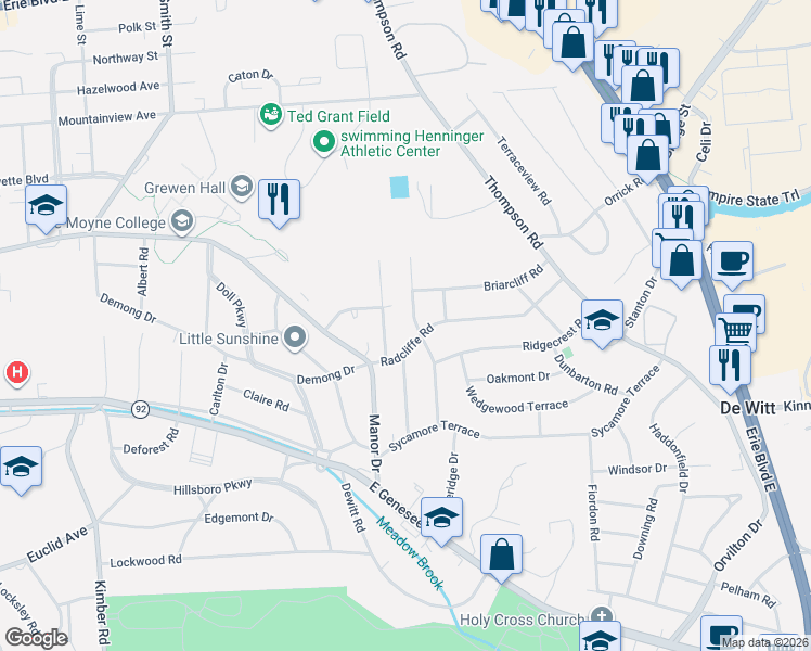 map of restaurants, bars, coffee shops, grocery stores, and more near 211 Revere Road in Syracuse