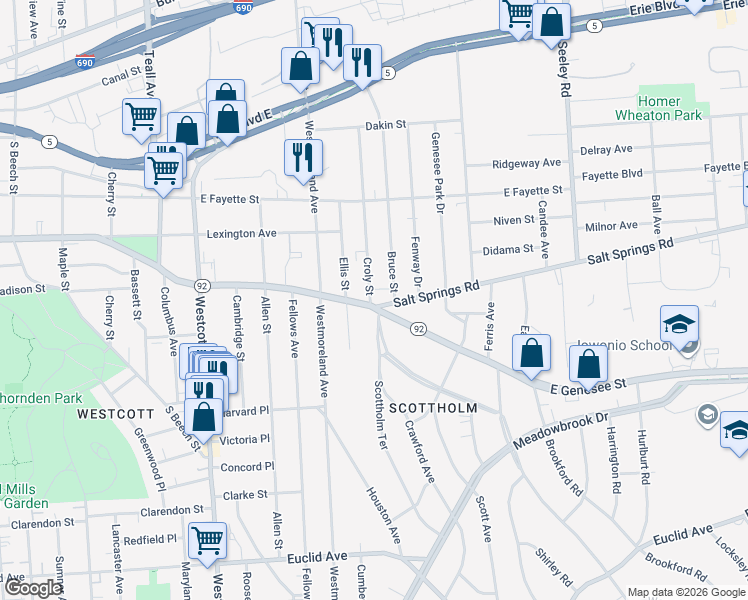 map of restaurants, bars, coffee shops, grocery stores, and more near 384 Bruce Street in Syracuse
