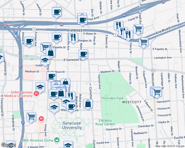 map of restaurants, bars, coffee shops, grocery stores, and more near 1107 Madison Street in Syracuse