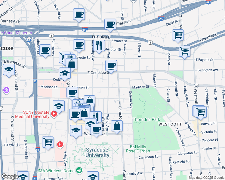 map of restaurants, bars, coffee shops, grocery stores, and more near 116 Comstock Avenue in Syracuse