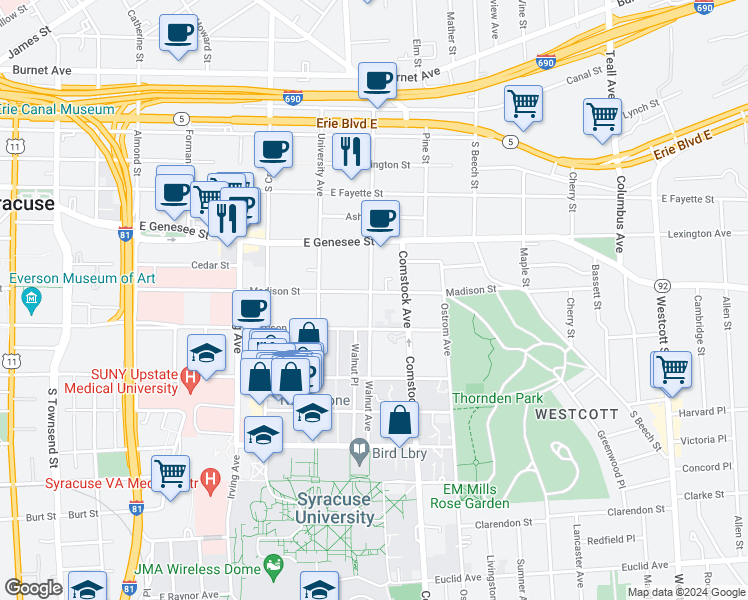 map of restaurants, bars, coffee shops, grocery stores, and more near 920 Madison Street in Syracuse