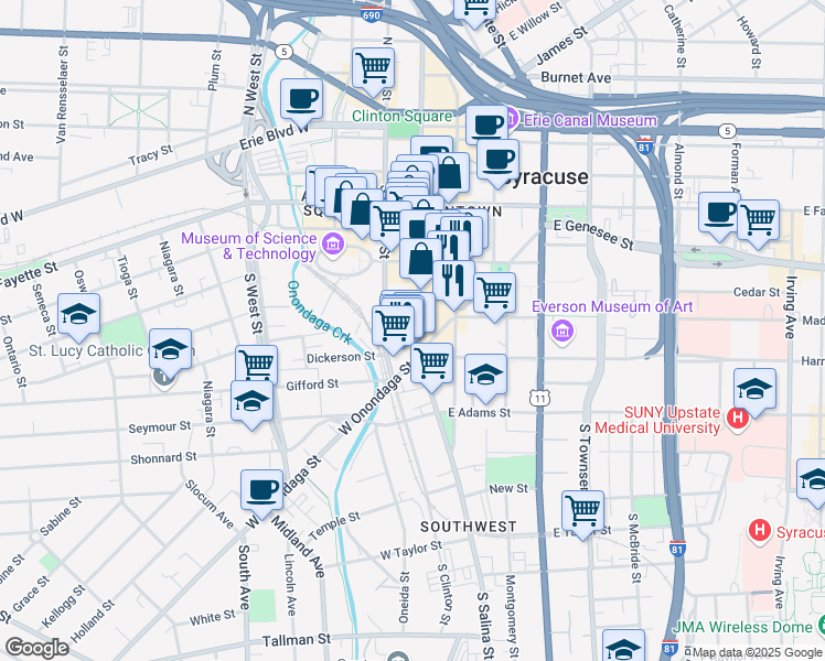 map of restaurants, bars, coffee shops, grocery stores, and more near in Syracuse