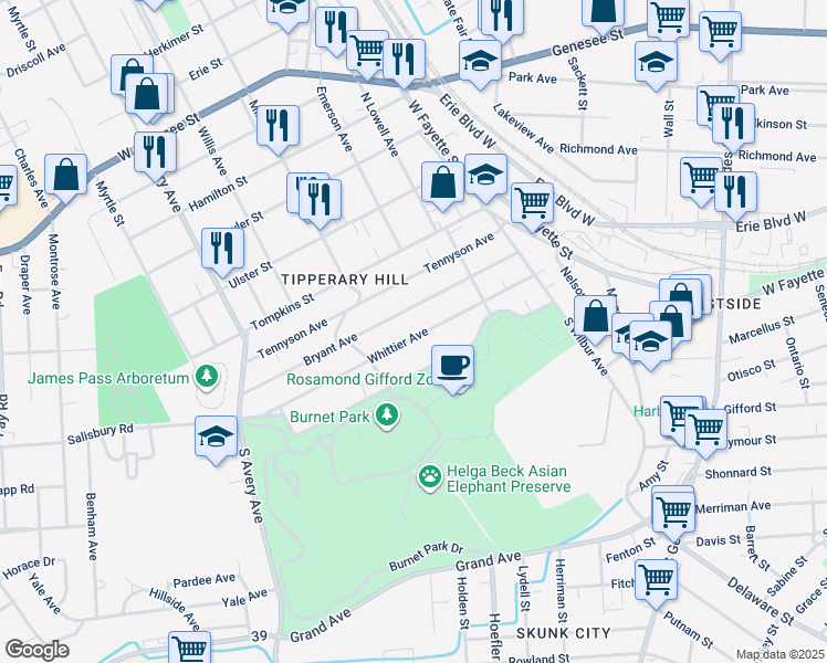 map of restaurants, bars, coffee shops, grocery stores, and more near 315 Bryant Avenue in Syracuse