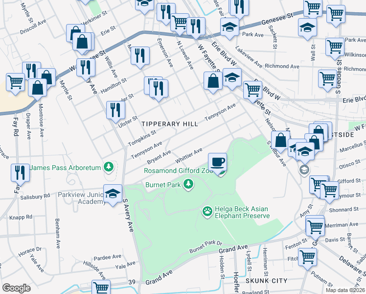 map of restaurants, bars, coffee shops, grocery stores, and more near 205-07 Burnet Park Drive in Syracuse