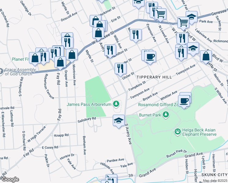 map of restaurants, bars, coffee shops, grocery stores, and more near 110 Avoca Street in Syracuse