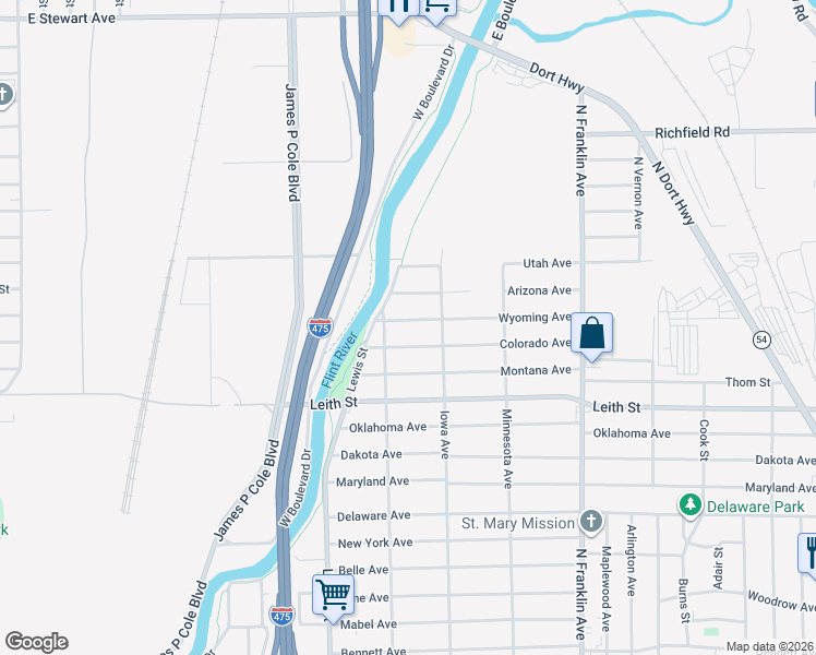 map of restaurants, bars, coffee shops, grocery stores, and more near 1537 Wyoming Avenue in Flint