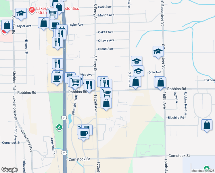 map of restaurants, bars, coffee shops, grocery stores, and more near 1125 Robbins Road in Grand Haven