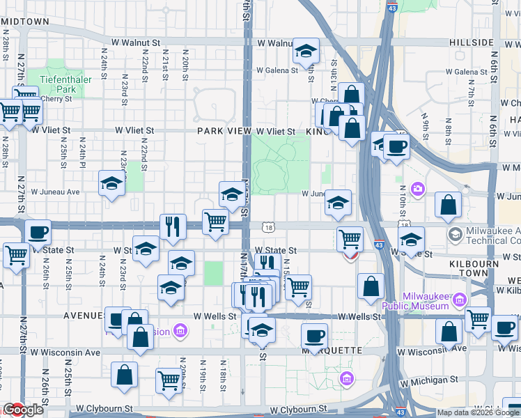 map of restaurants, bars, coffee shops, grocery stores, and more near 1110 North 17th Street in Milwaukee