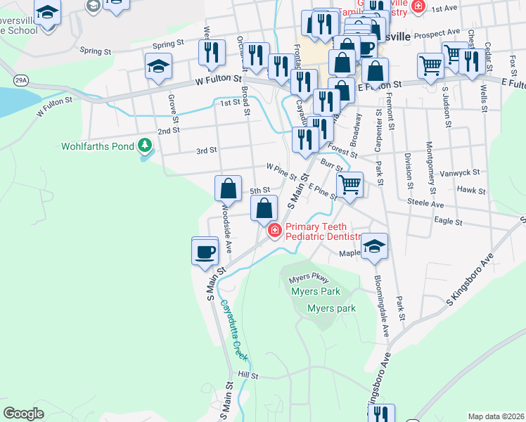 map of restaurants, bars, coffee shops, grocery stores, and more near 32 Broad Street in Gloversville