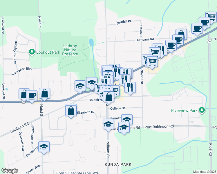 map of restaurants, bars, coffee shops, grocery stores, and more near 1471 Pelham Street in Pelham