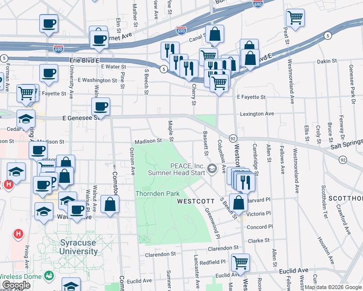 map of restaurants, bars, coffee shops, grocery stores, and more near 1311 Madison Street in Syracuse