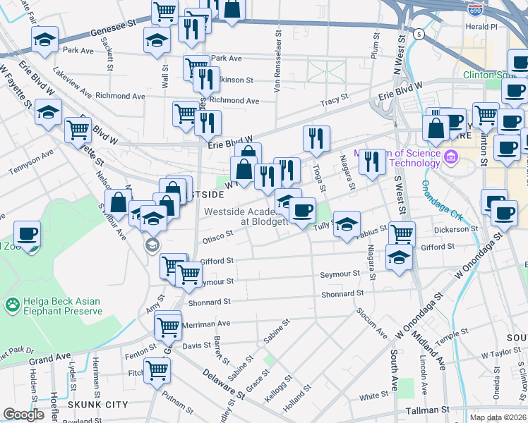 map of restaurants, bars, coffee shops, grocery stores, and more near 204 Seneca Street in Syracuse