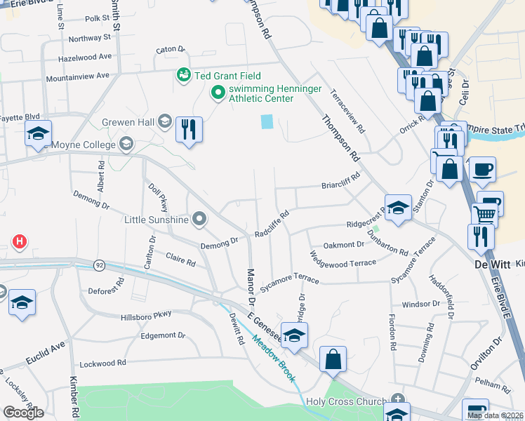 map of restaurants, bars, coffee shops, grocery stores, and more near 211 Revere Road in Syracuse