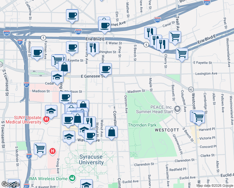 map of restaurants, bars, coffee shops, grocery stores, and more near 1107 Madison Street in Syracuse
