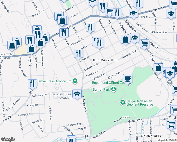 map of restaurants, bars, coffee shops, grocery stores, and more near 605 Tompkins Street in Syracuse