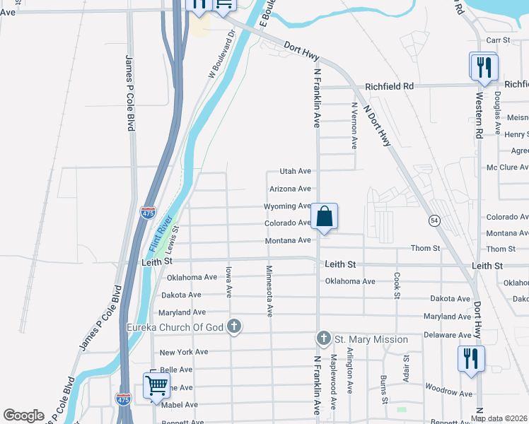 map of restaurants, bars, coffee shops, grocery stores, and more near 1703 Wyoming Avenue in Flint