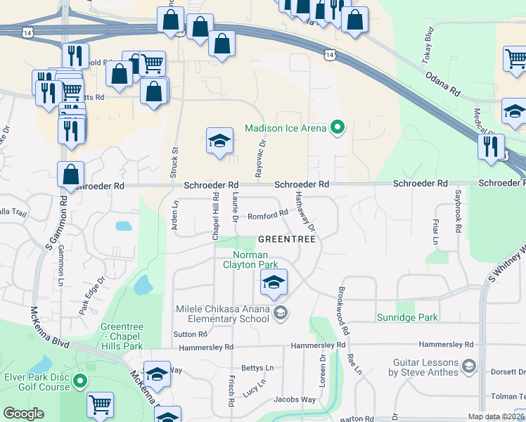 map of restaurants, bars, coffee shops, grocery stores, and more near 6407 Alison Lane in Madison