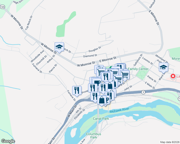 map of restaurants, bars, coffee shops, grocery stores, and more near 26 West Gansevoort Street in Little Falls
