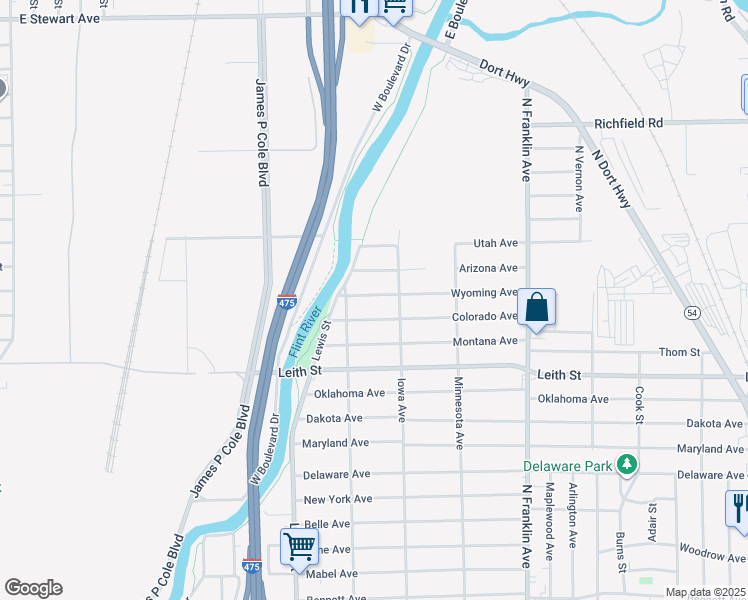 map of restaurants, bars, coffee shops, grocery stores, and more near 1530 Wyoming Avenue in Flint