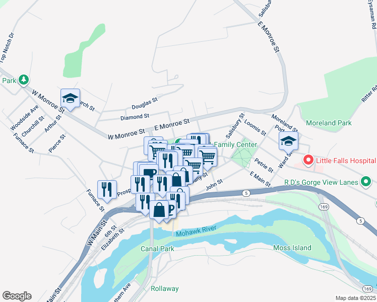 map of restaurants, bars, coffee shops, grocery stores, and more near 546 Garden Street in Little Falls
