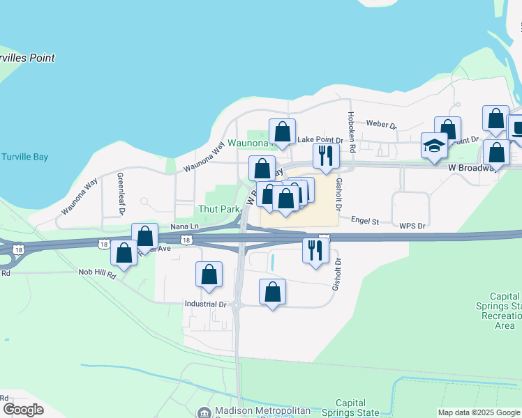 map of restaurants, bars, coffee shops, grocery stores, and more near 2501 South Towne Drive in Monona