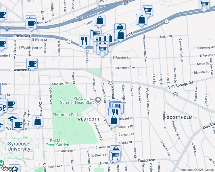 map of restaurants, bars, coffee shops, grocery stores, and more near 1920 East Genesee Street in Syracuse