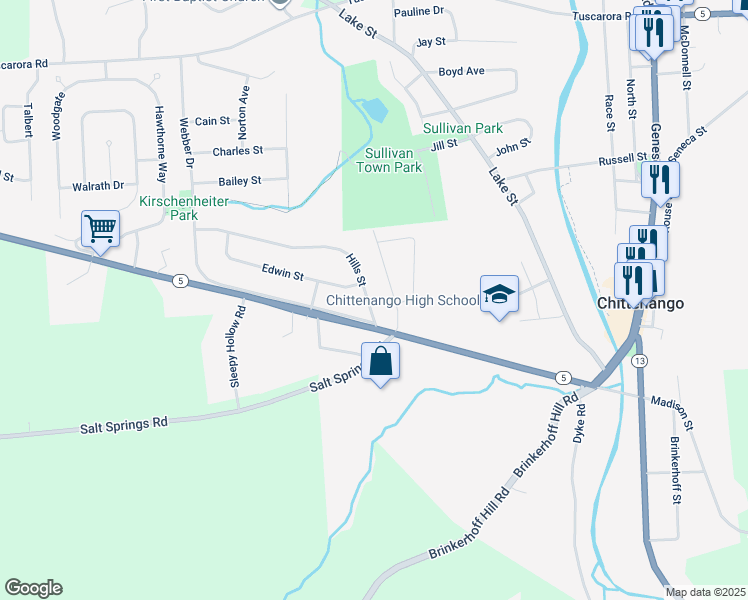 map of restaurants, bars, coffee shops, grocery stores, and more near 108 Hills Street in Chittenango