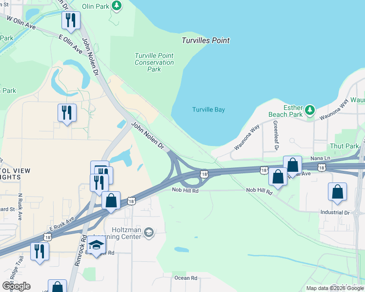 map of restaurants, bars, coffee shops, grocery stores, and more near 960 John Nolen Drive in Madison