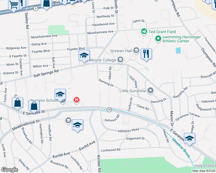map of restaurants, bars, coffee shops, grocery stores, and more near 314 Demong Drive in Syracuse