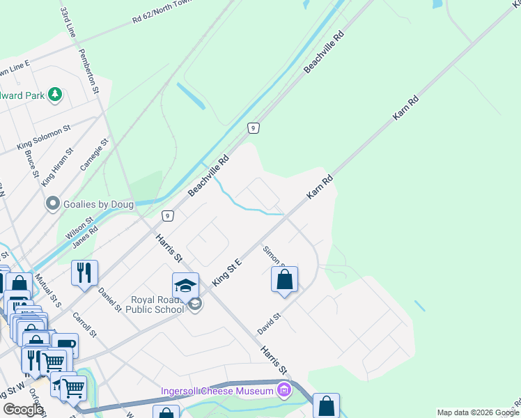 map of restaurants, bars, coffee shops, grocery stores, and more near in Ingersoll