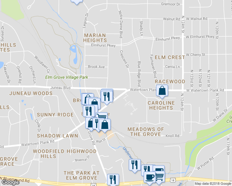 map of restaurants, bars, coffee shops, grocery stores, and more near 13130 Watertown Plank Road in Elm Grove