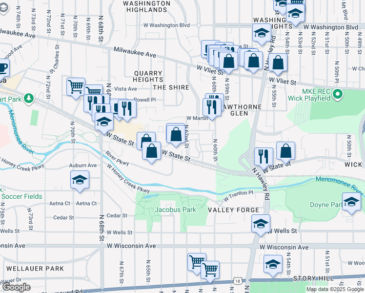 map of restaurants, bars, coffee shops, grocery stores, and more near 1101 North 62nd Street in Wauwatosa