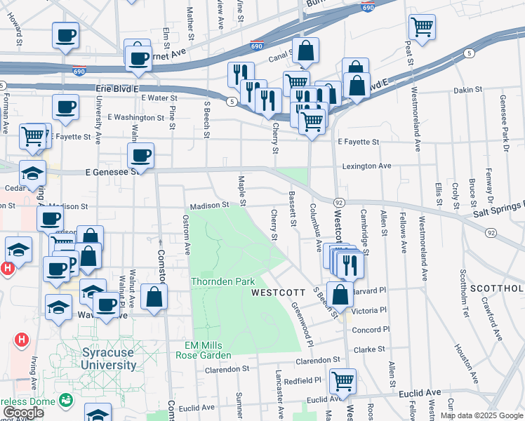 map of restaurants, bars, coffee shops, grocery stores, and more near 1311 Madison Street in Syracuse