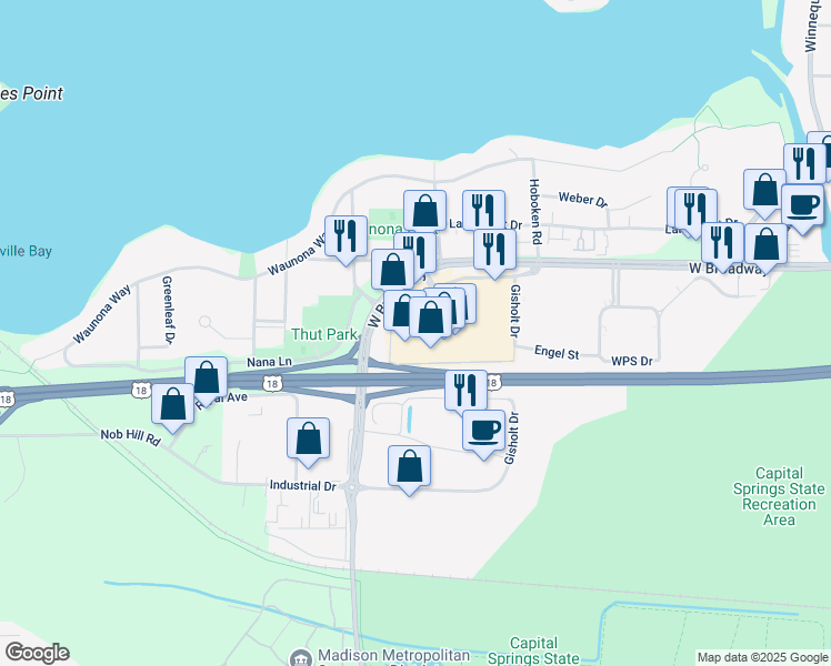 map of restaurants, bars, coffee shops, grocery stores, and more near 2501 West Broadway in Monona