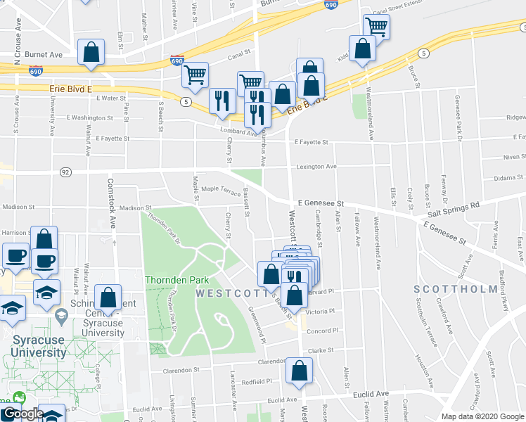 map of restaurants, bars, coffee shops, grocery stores, and more near 117 Bassett Street in Syracuse