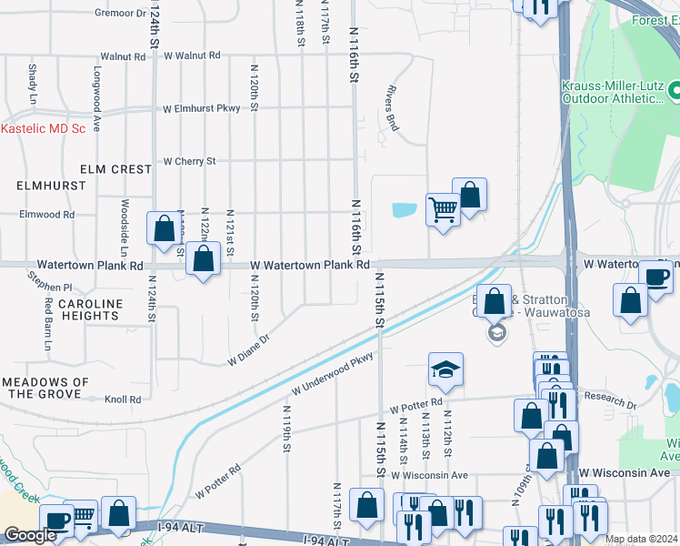 map of restaurants, bars, coffee shops, grocery stores, and more near 11627 West Watertown Plank Road in Wauwatosa