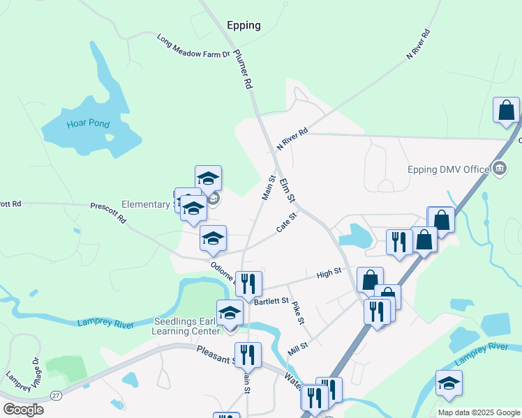 map of restaurants, bars, coffee shops, grocery stores, and more near 244 Main Street in Epping