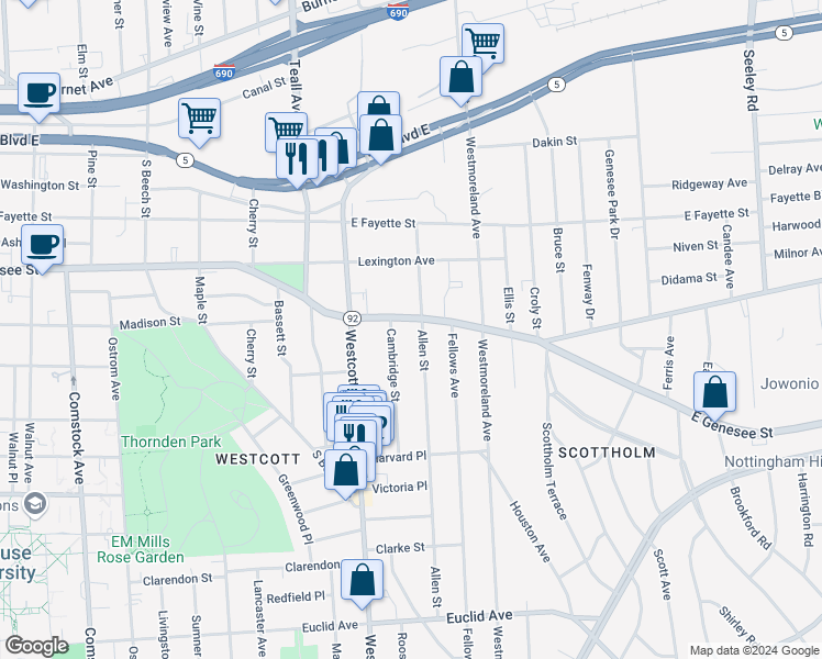 map of restaurants, bars, coffee shops, grocery stores, and more near in Syracuse
