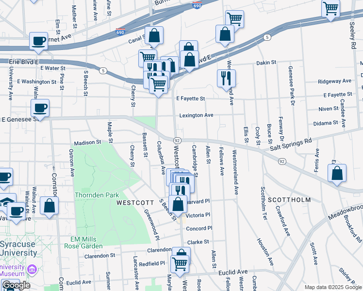 map of restaurants, bars, coffee shops, grocery stores, and more near 2012 East Genesee Street in Syracuse