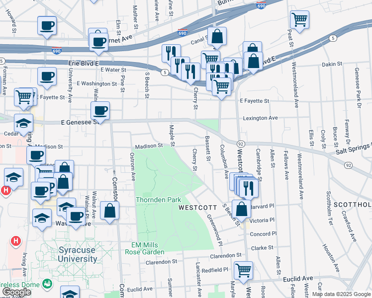 map of restaurants, bars, coffee shops, grocery stores, and more near 1311 Madison Street in Syracuse
