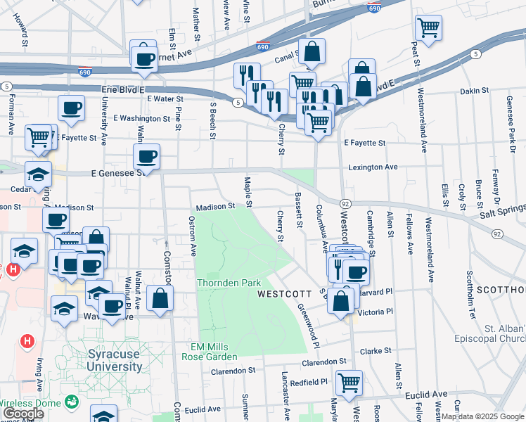 map of restaurants, bars, coffee shops, grocery stores, and more near 1311 Madison Street in Syracuse