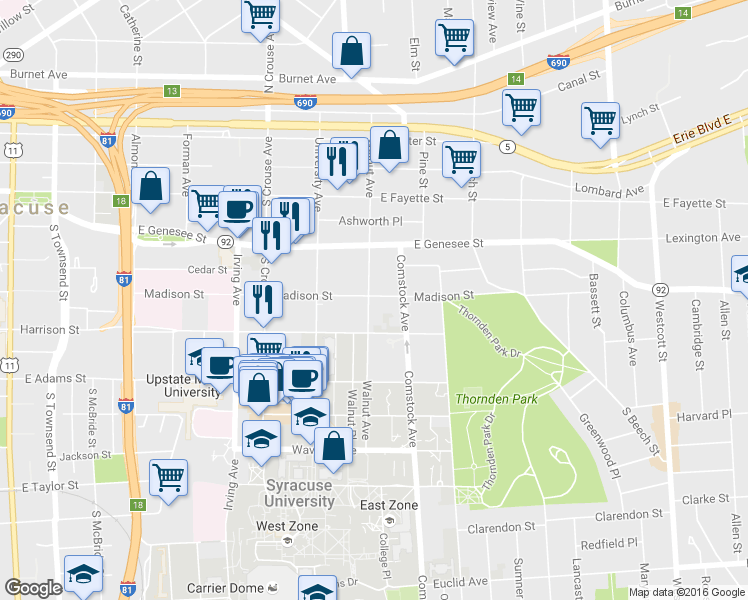 map of restaurants, bars, coffee shops, grocery stores, and more near 920 Madison Street in Syracuse